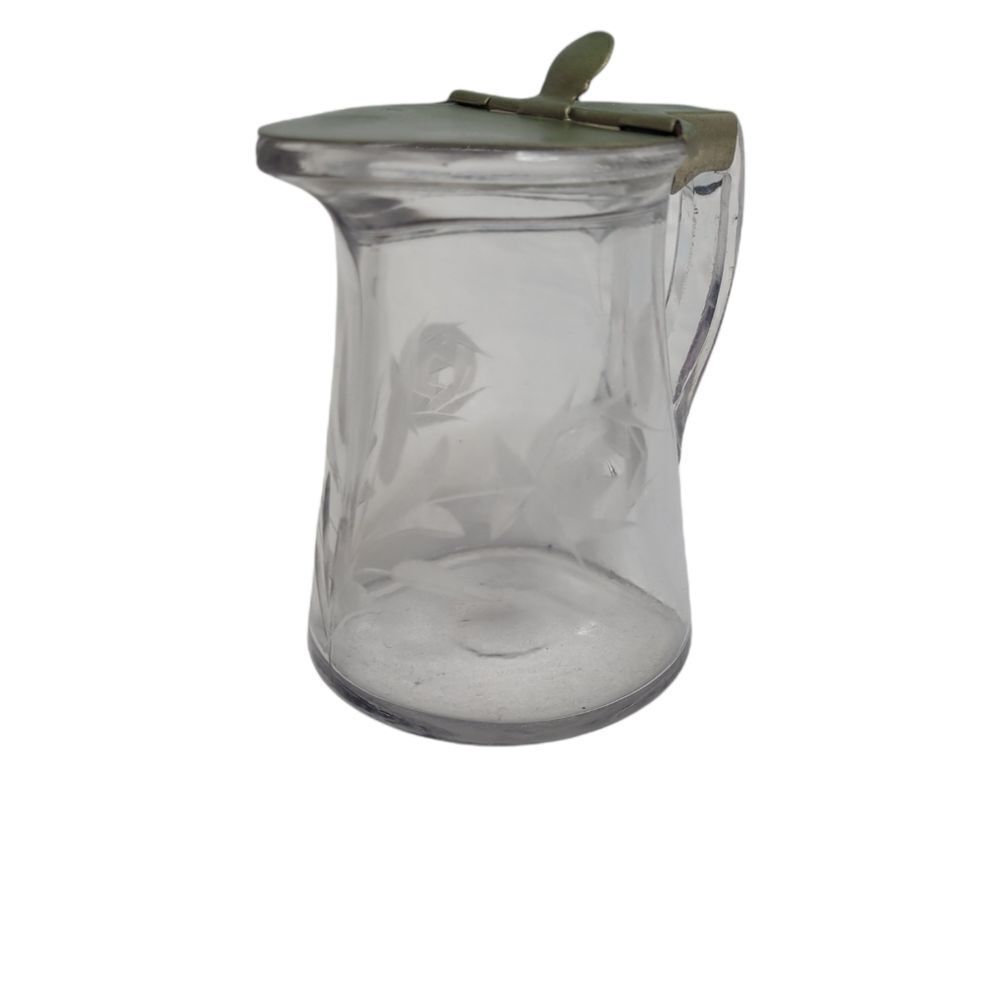 VINTAGE etched floral glass‎ spring top syrup pitcher